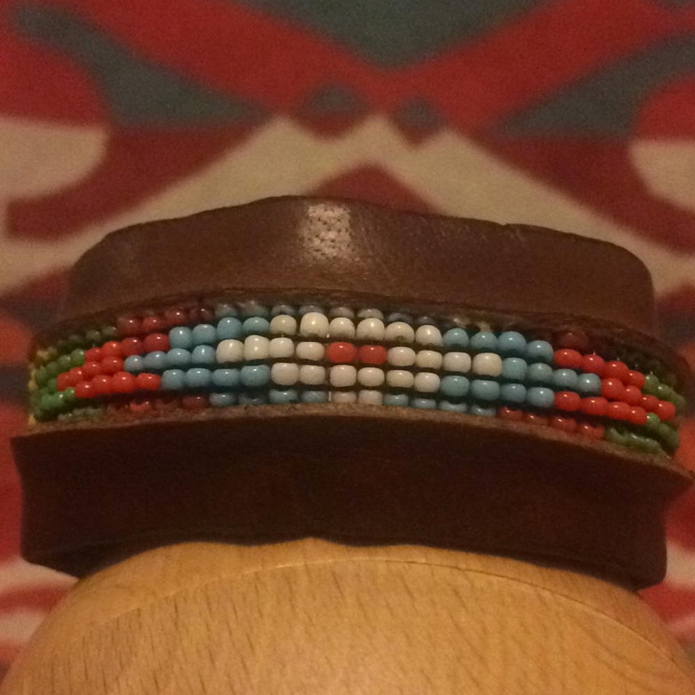 Leather multicolor beaded brown cuff